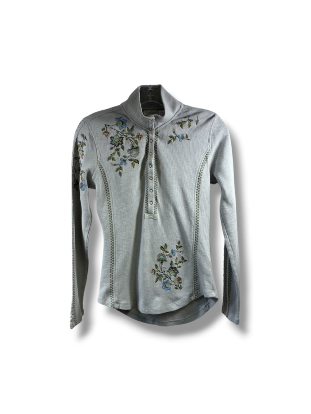 Sundance Long Sleeve Waffle Knit Tee with Floral Embroidery in Gray Size XS - Picture 1 of 8